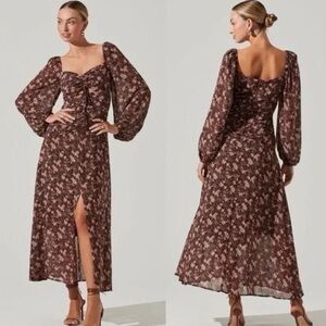 Chocolate Brown Floral Long Sleeve Dress with Slit
